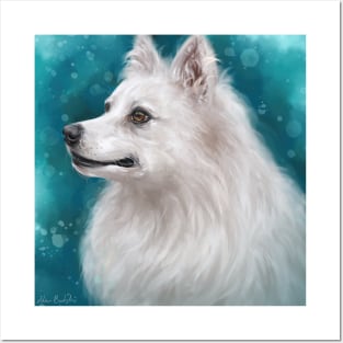 Painting of a Fluffy White Japanese Spitz Dog on Blue Background Posters and Art